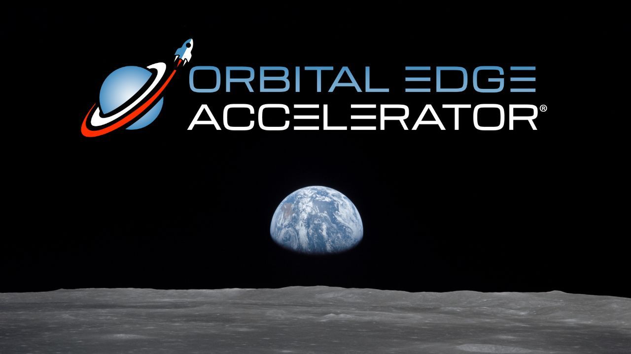 Orbital Edge Accelerator logo — a rocket arcing around a ringed planet — above a photograph of Earth rising over the gray lunar horizon against black space.